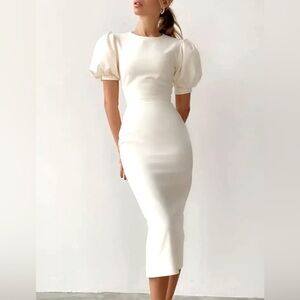 Ivory Stretch Crepe Sheath Style Puff Sleeve Midi Dress - Size Medium (4/6)